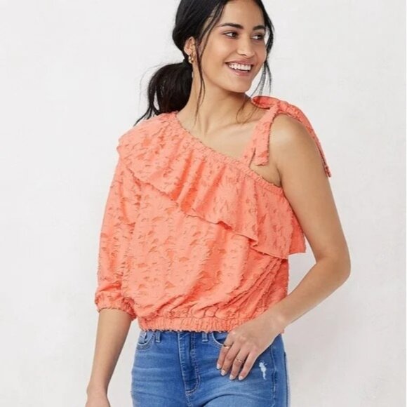 XXL top LC Lauren Conrad top asymmetrical ruffle one shoulder 3/4 sleeve - Picture 4 of 6